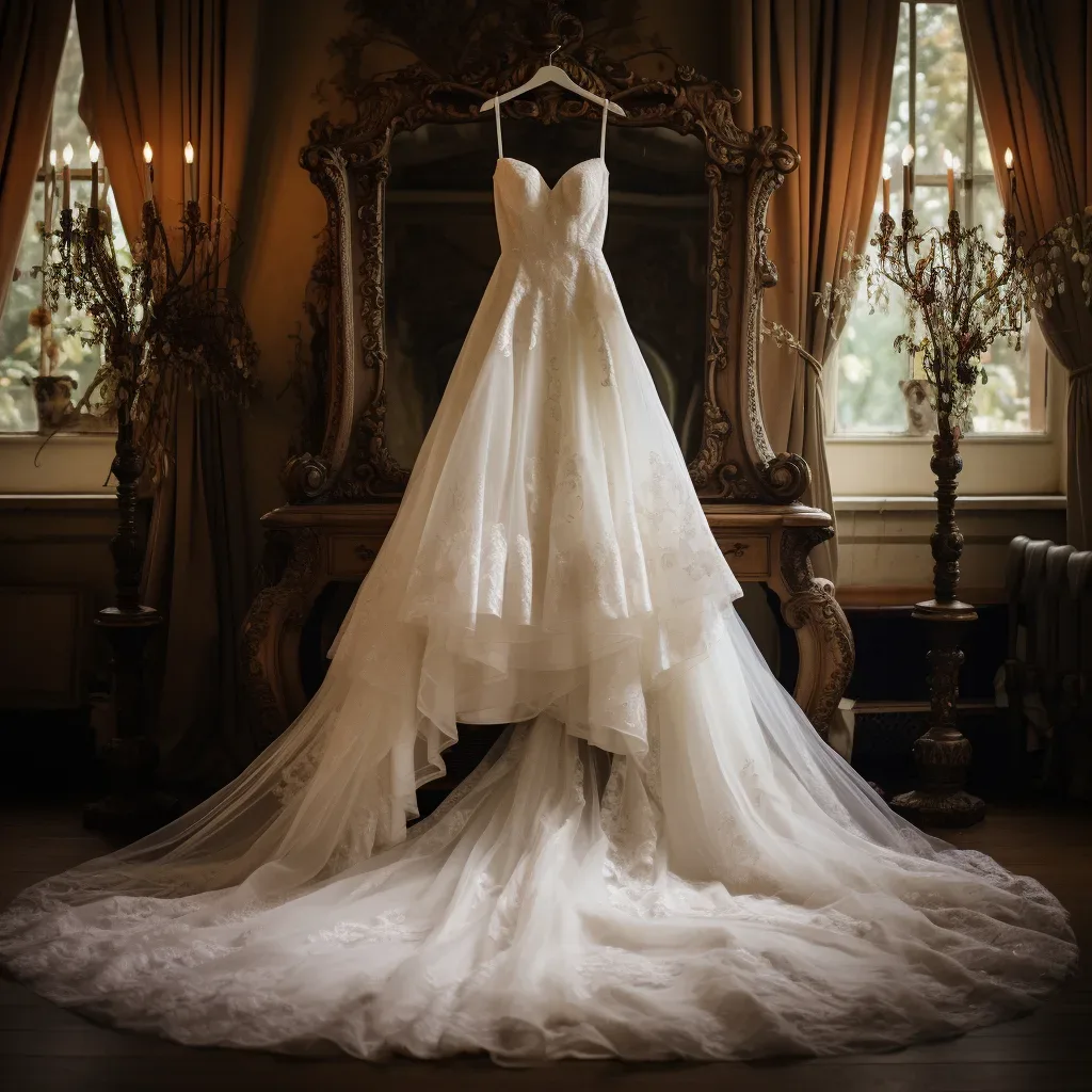 A wedding dress hangs in front of an ornate mirror at Orchardleigh House
