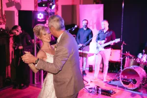 A bride and groom dancing at Orchardleigh House wedding reception.