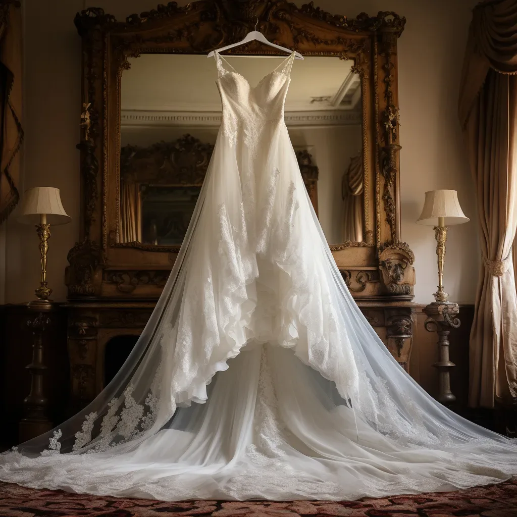 A wedding dress hangs in front of a mirror Elmhay Park Frome. Eco-Friendly Wedding Dress