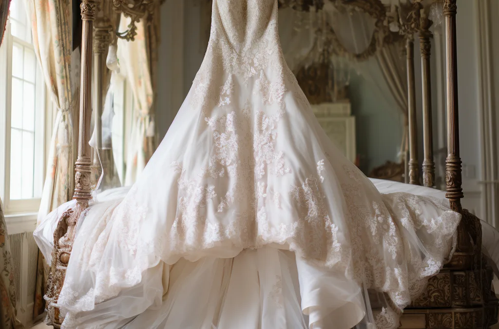 A wedding dress hangs on a bed in a bedroom. wedding dress trends