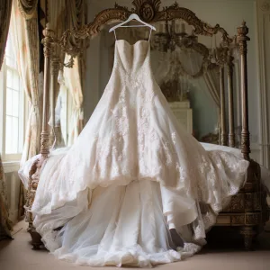A wedding dress hangs on a bed in a bedroom. wedding dress trends