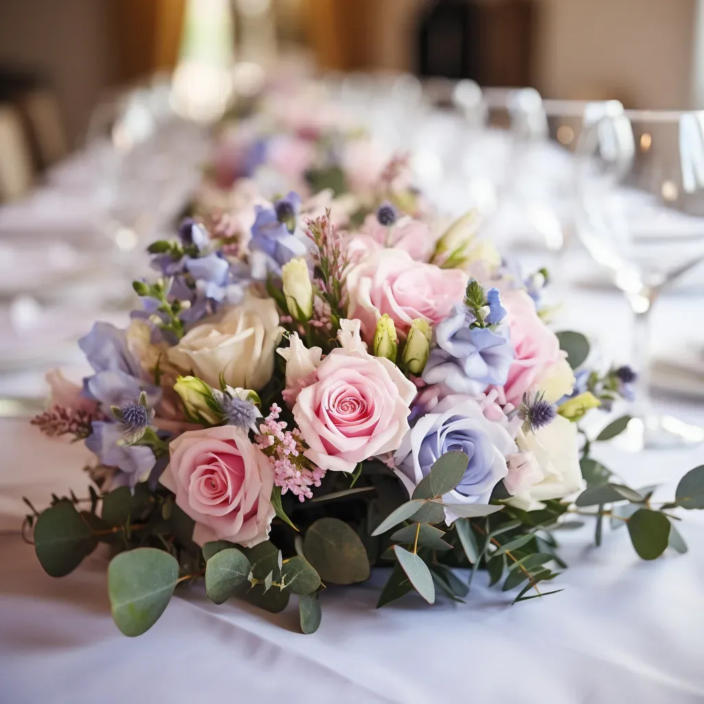 A table is decorated with pink and blue roses and eucalyptus. Weddings on the Orchardleigh Estate