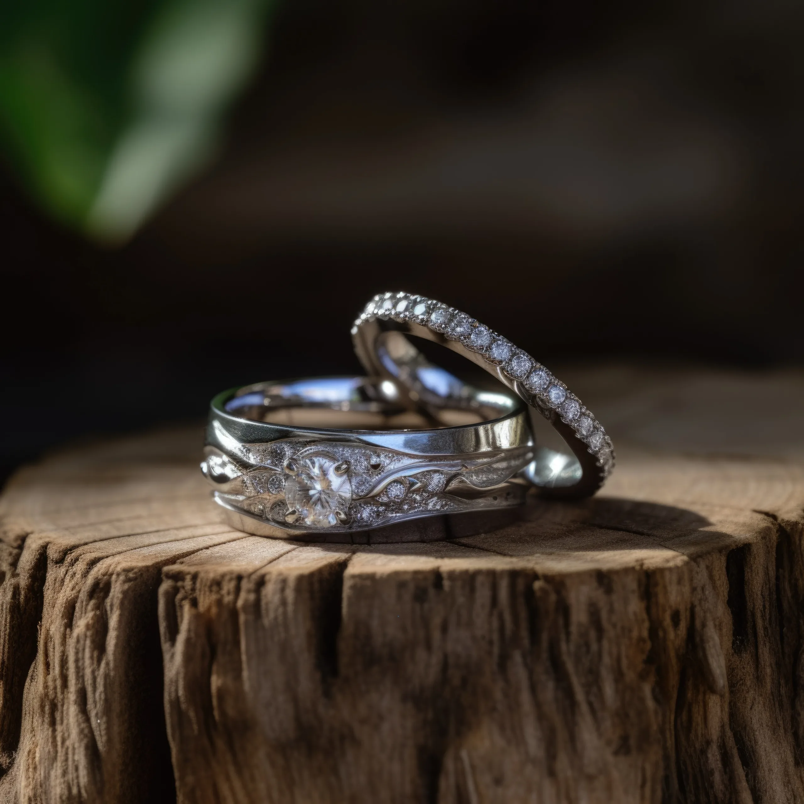 Two wedding rings sitting on top of a stump at Wick farm near bath