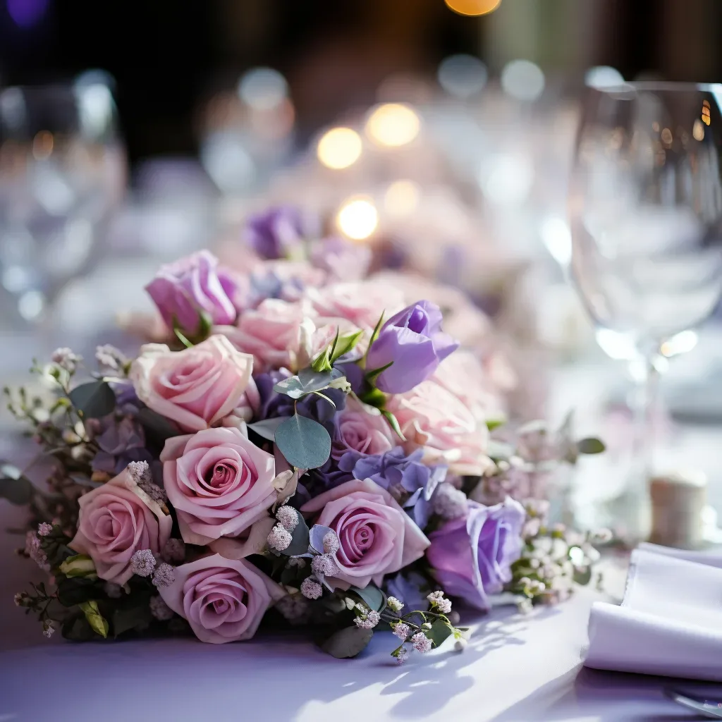 A table setting with purple and lavender roses on a head table at Prior Park Bath