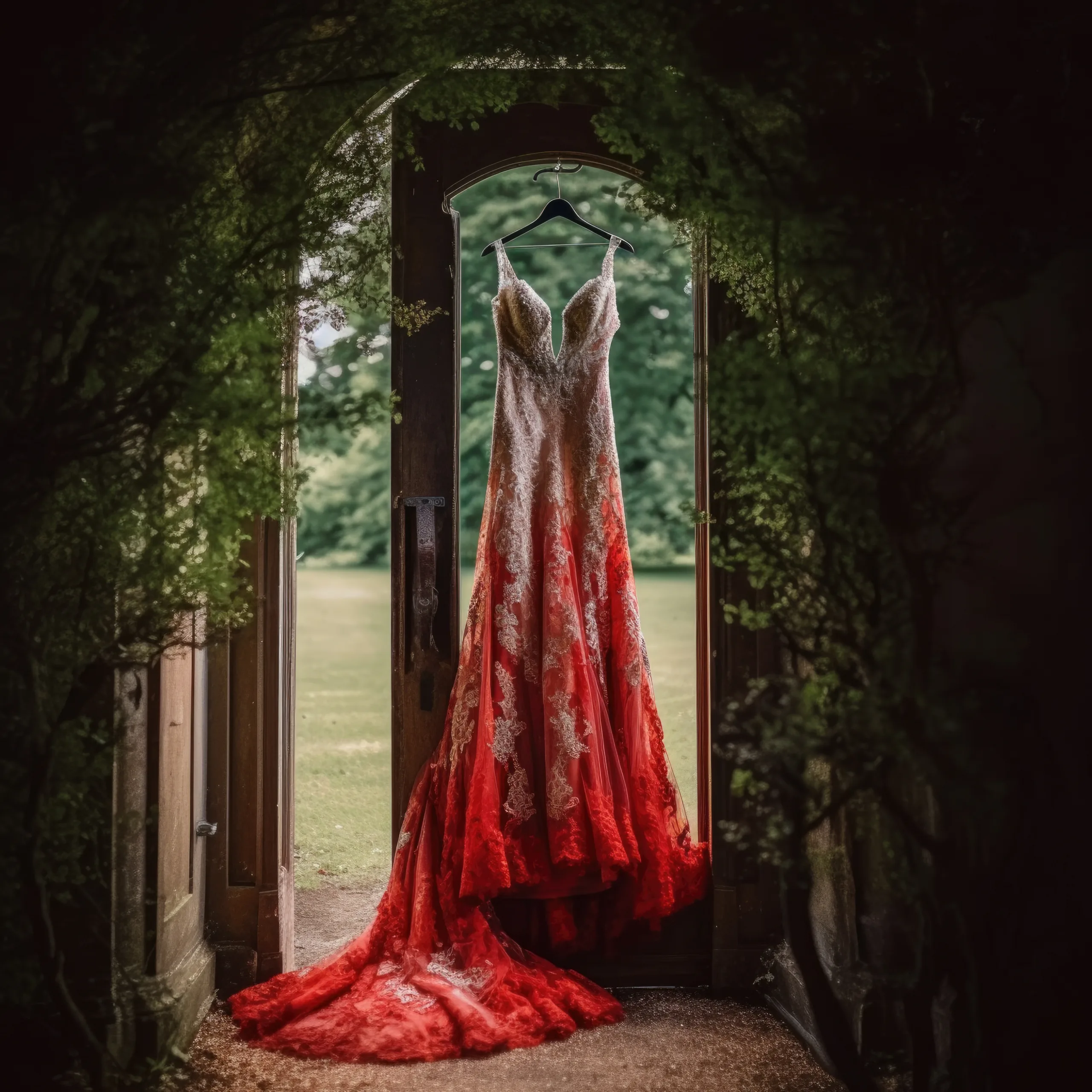 Pear tree at Purton<br />
Photographing The wedding gown draped over a doorway.