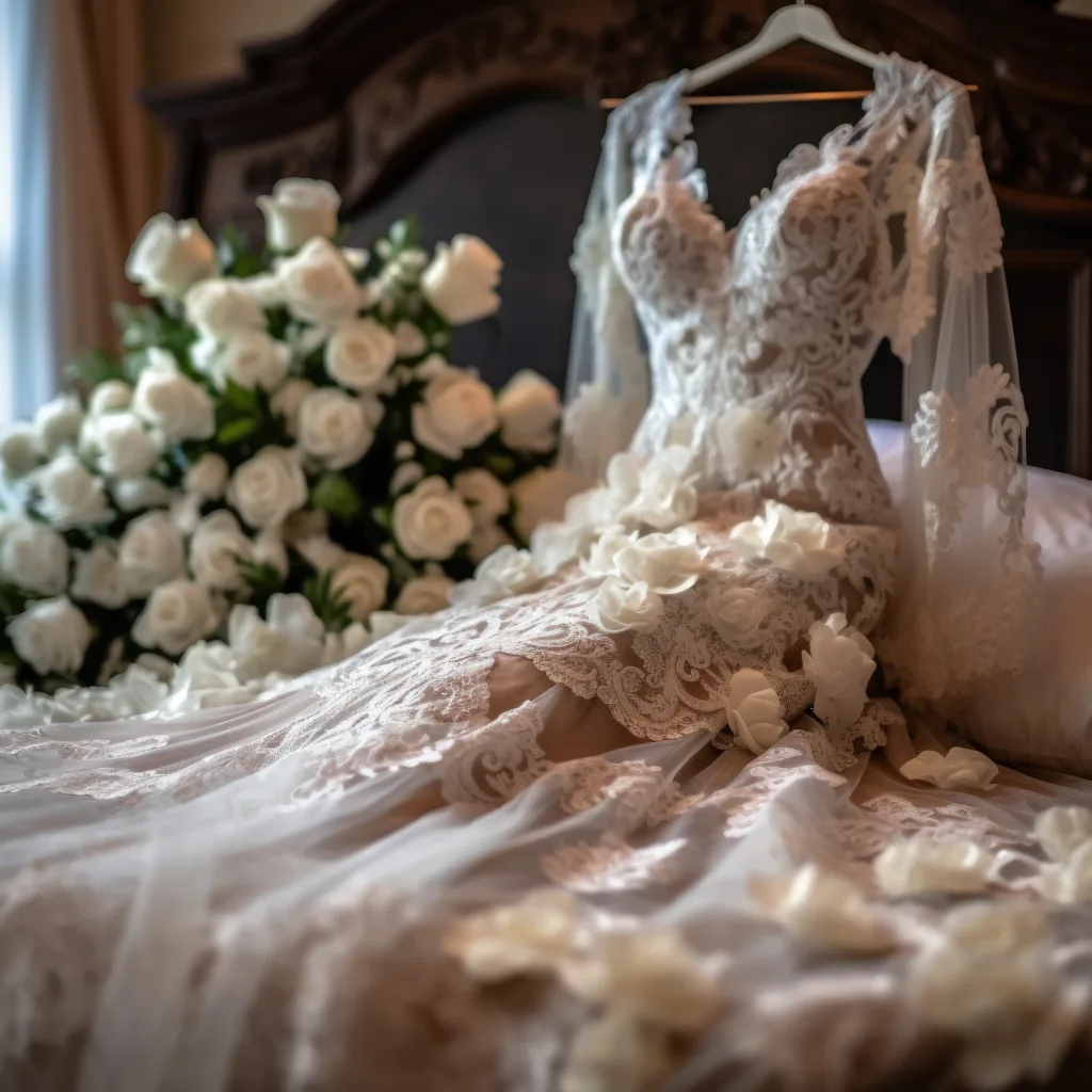 A wedding gown and bouquet on a bed at The Manor Castle Combe UK
