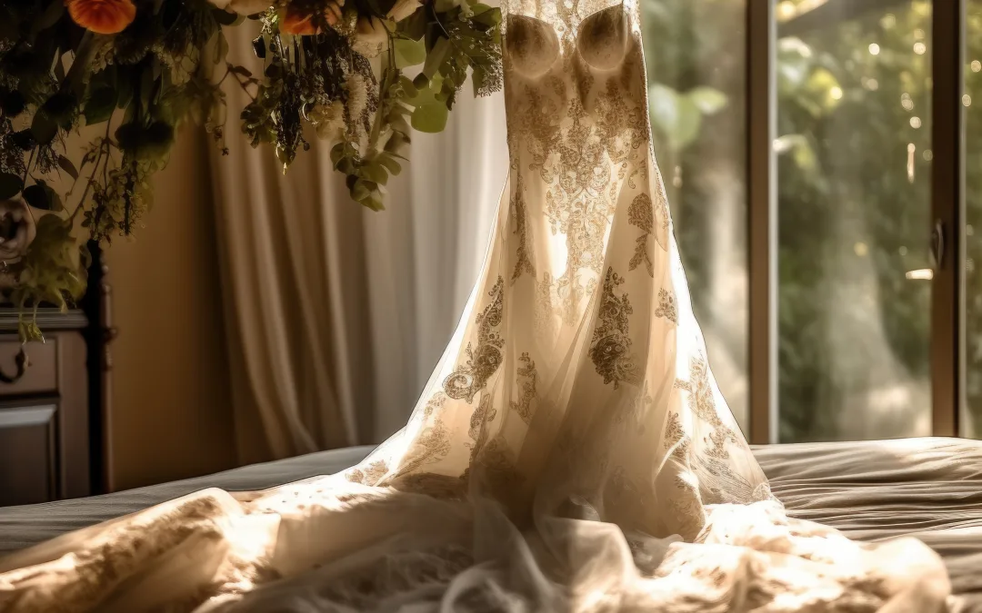 Using Flash at Weddings: Wedding Dress Photography: A wedding gown on a window sill.