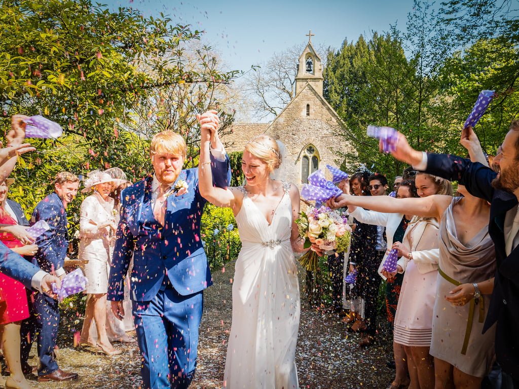 Bride & Groom confetti photo at St Marys on the Orchardleigh Estate