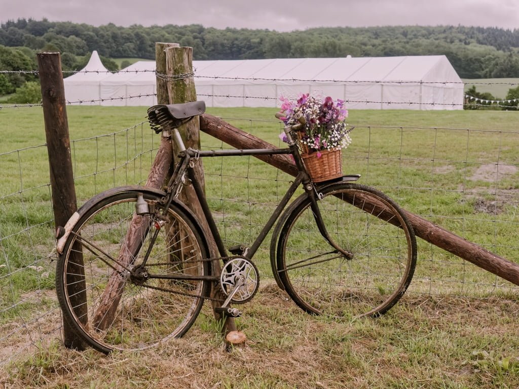 a bicycle with a basket of flowers attached to it.