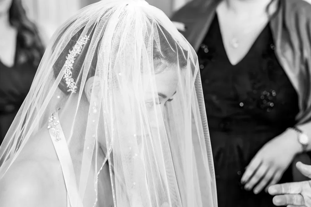 In the Moments: a woman in a wedding dress looking down at her veil.