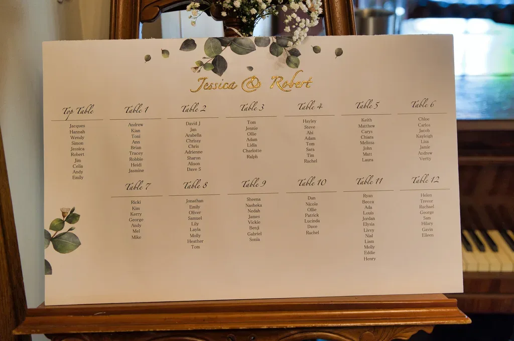 a wedding seating chart on a wooden stand.