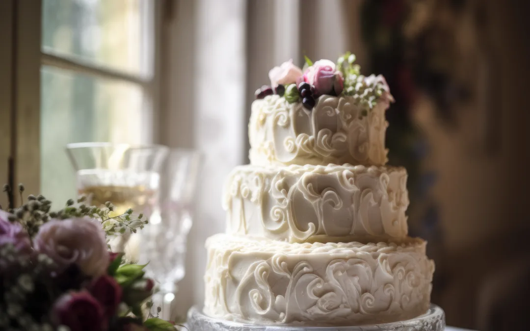 A wedding cake steals the show on a table.
Keywords: Wedding Cake, Steal the Show.