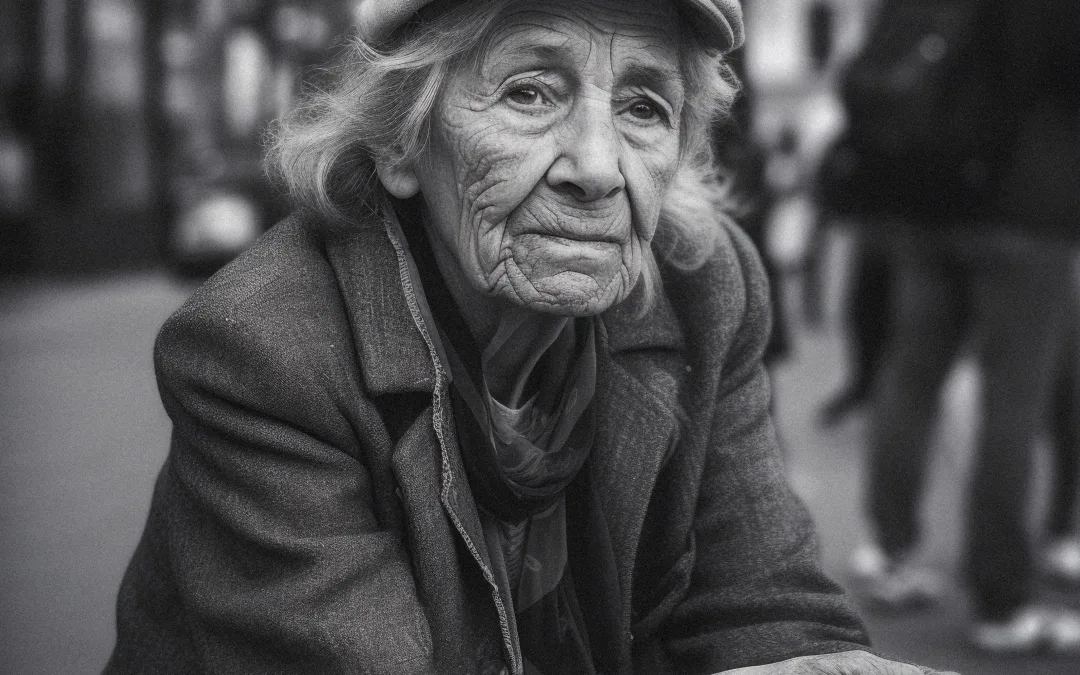 an old woman sitting on the side of a street.