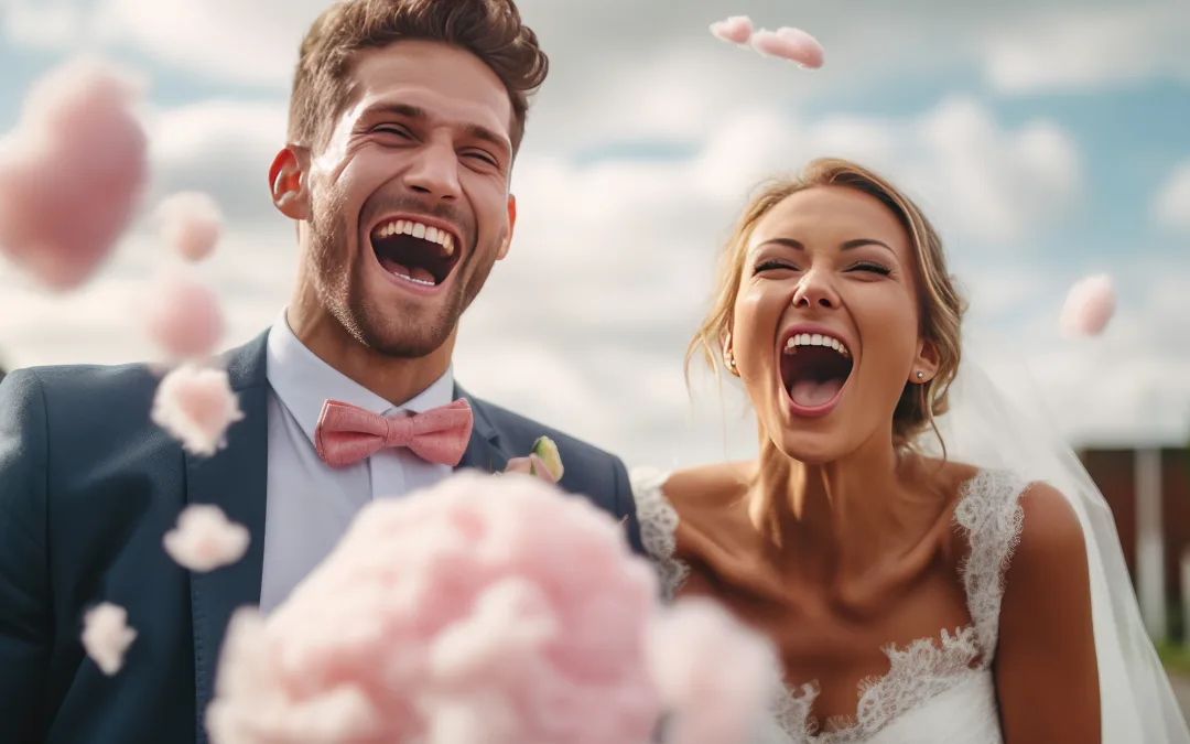 What do I need:a bride and groom laughing and throwing confetti in the air.