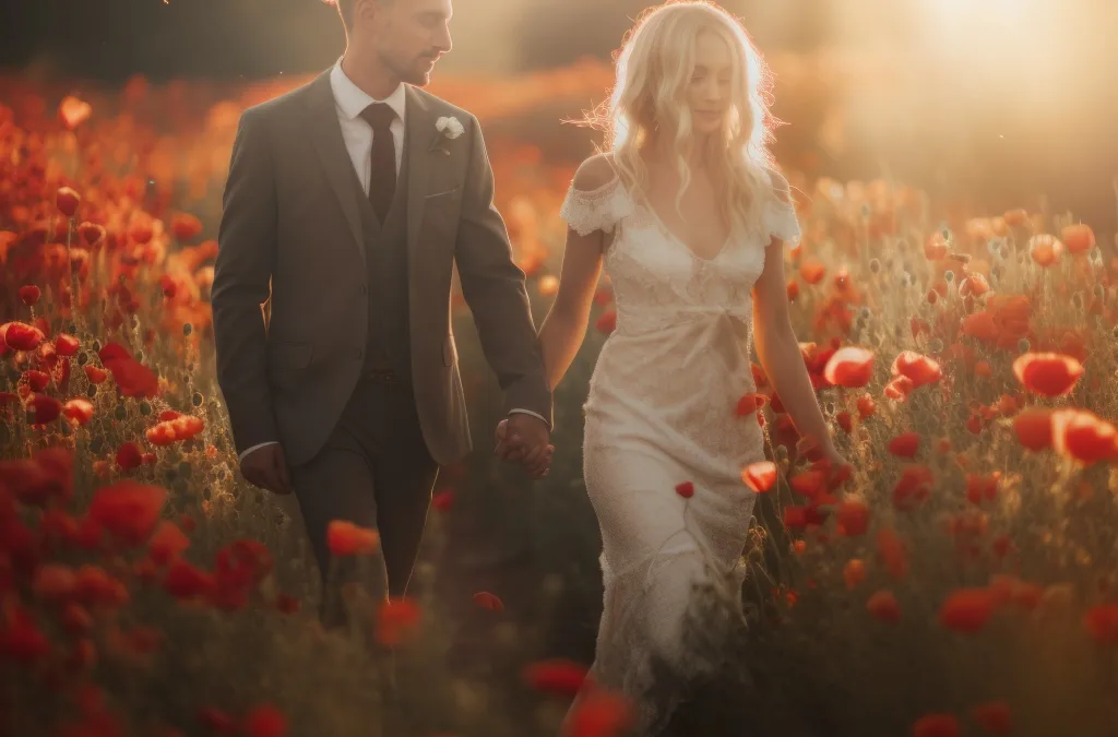 You need a professional photographer: a man and a woman walking through a field of flowers.