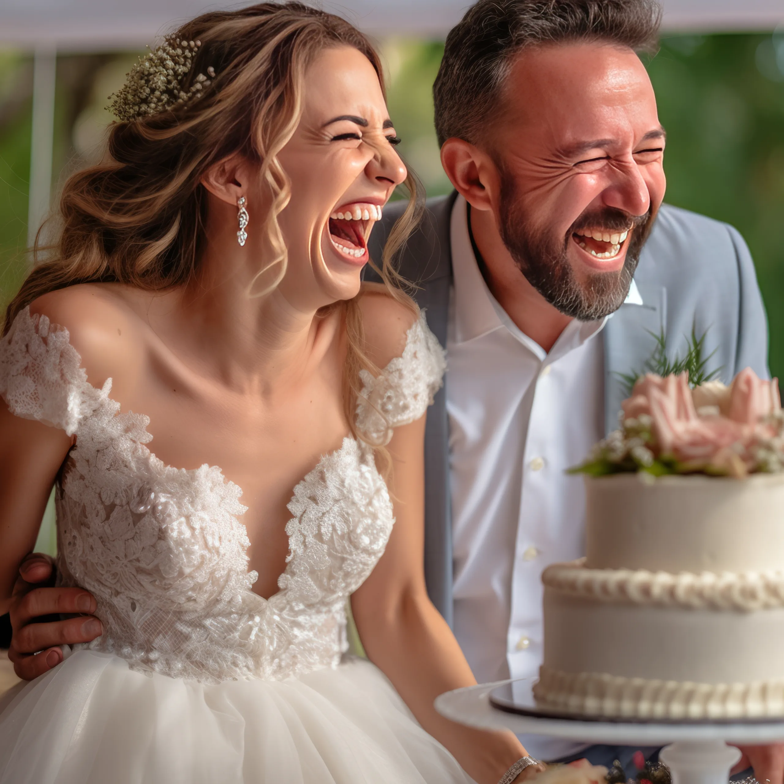 Candid Photographer: a bride and groom are laughing as they cut their wedding cake.