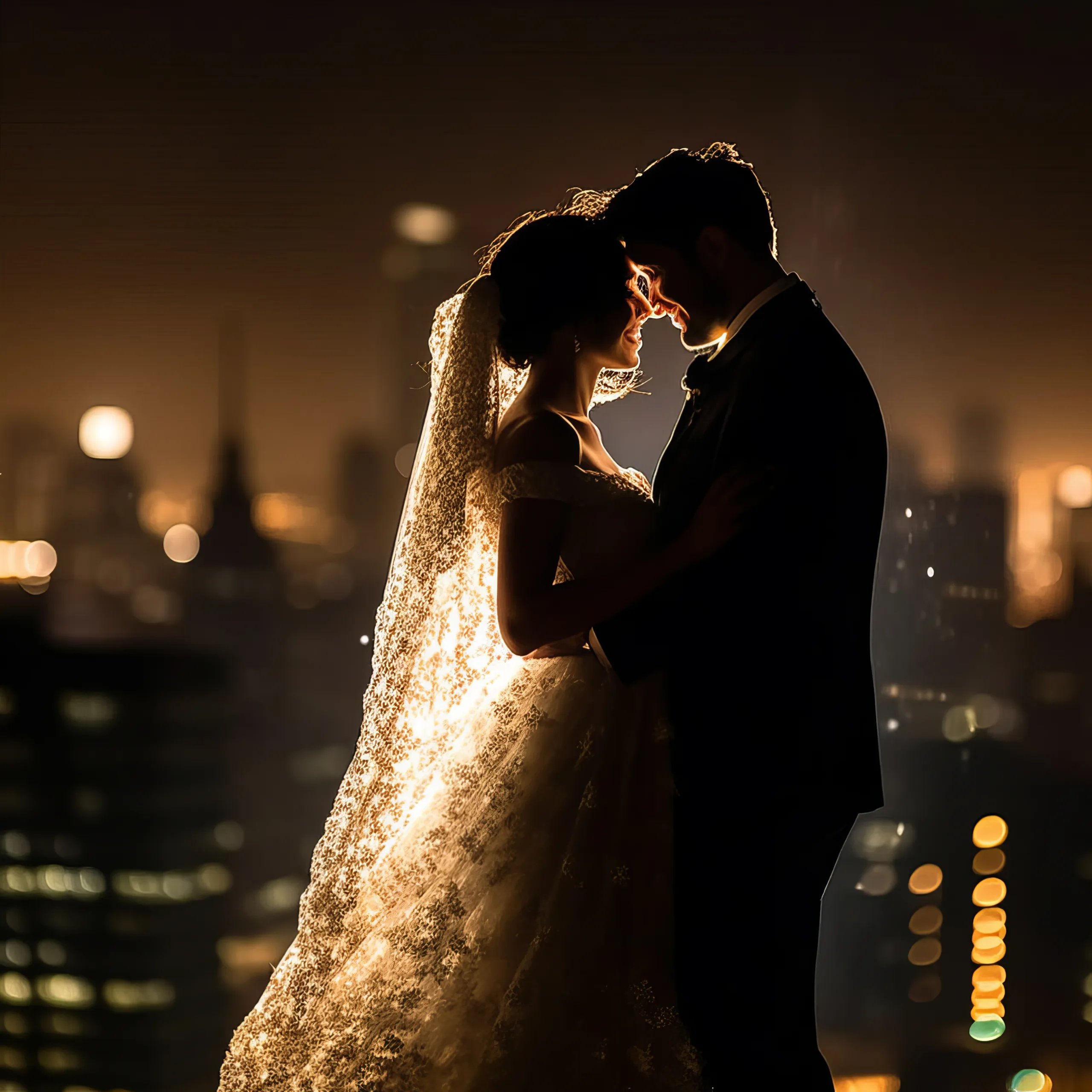 Mastering Flash at weddings:a bride and groom standing in front of a city skyline at night.