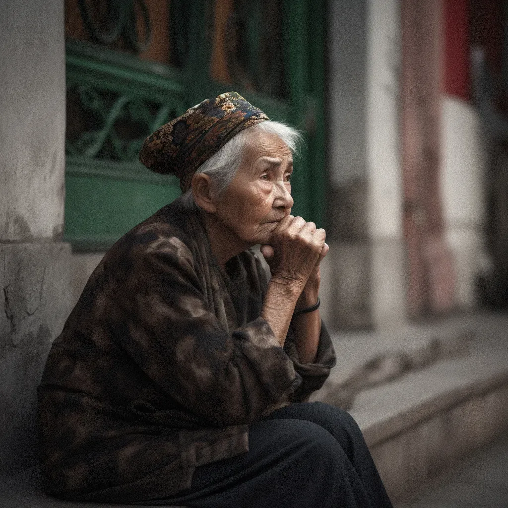 an old woman sitting on the side of a building.