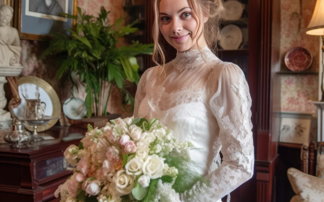 Pennard House: a woman in a wedding dress holding a bouquet of flowers.