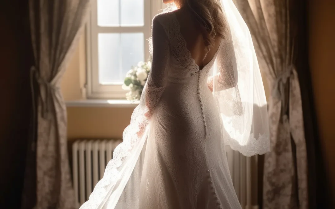 Orchardleigh House:a woman in a wedding dress standing in front of a window.