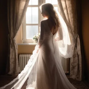 Orchardleigh House:a woman in a wedding dress standing in front of a window.