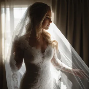 a woman in a wedding dress is standing in front of a window.