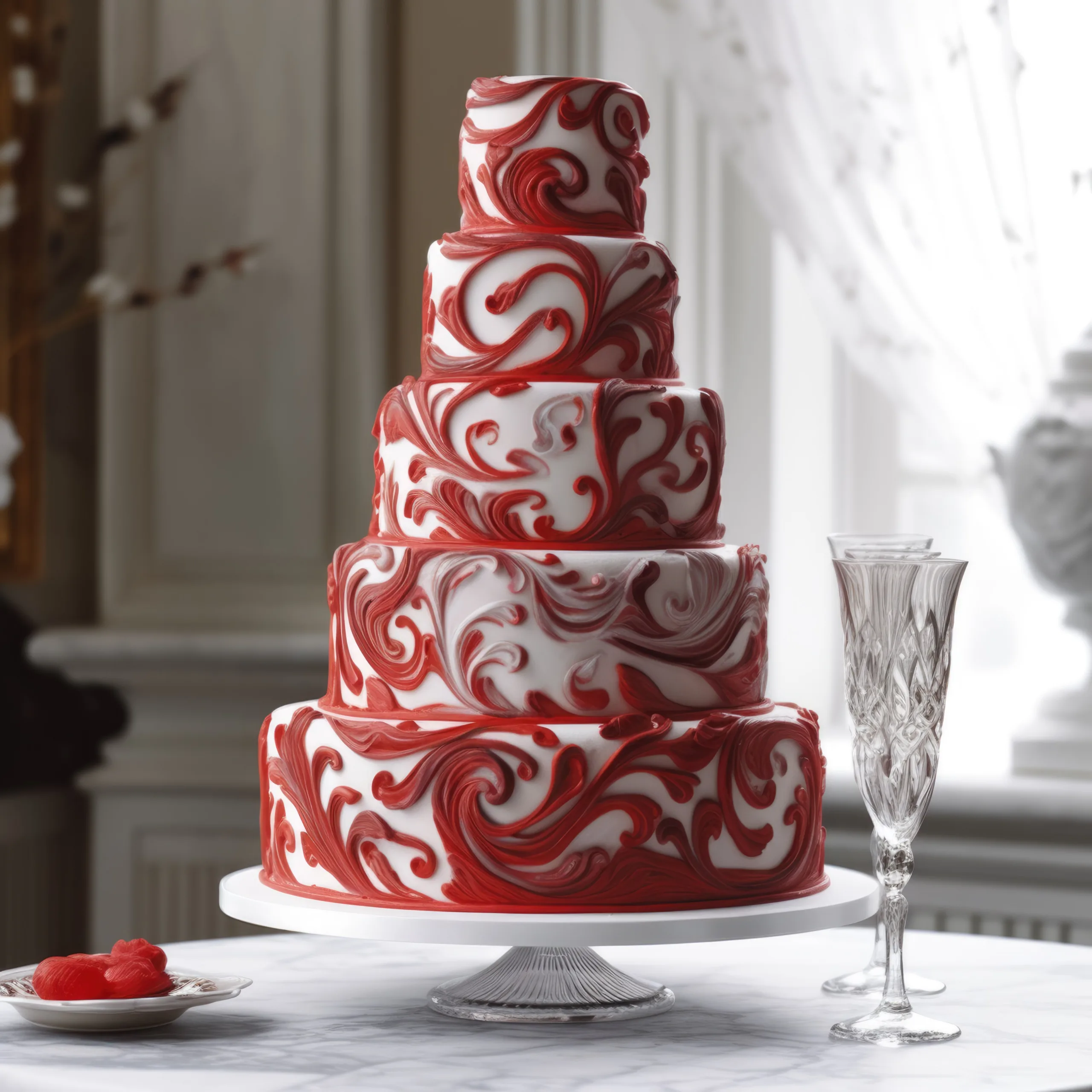 Orchardleigh Wedding Cake:a red and white wedding cake sitting on top of a table.