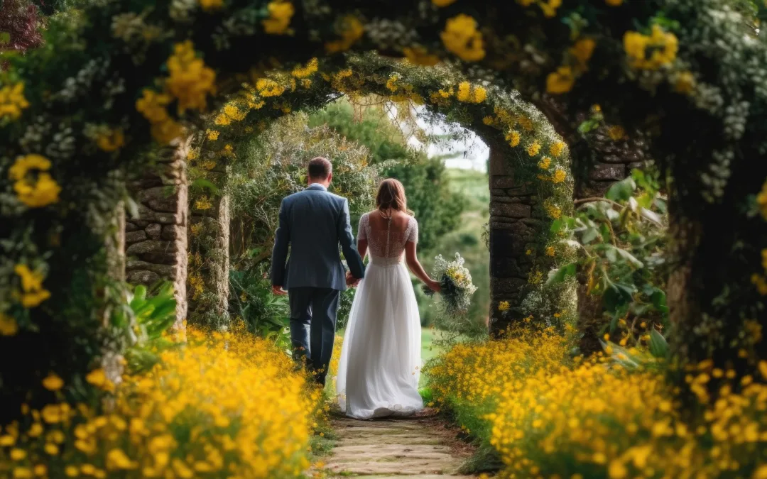 Hestercombe Gardens: a bride and groom walking through a garden archway.
