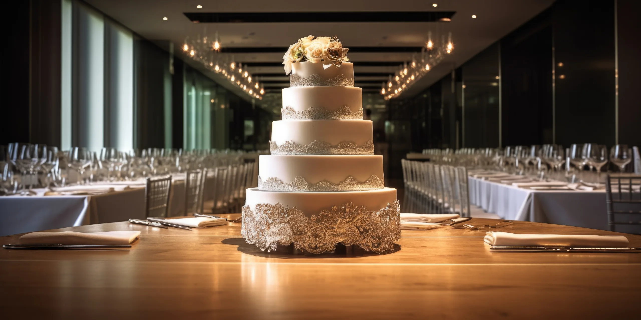 Wick Fame:a wedding cake sitting on top of a wooden table.