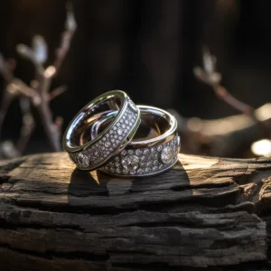 a couple of rings sitting on top of a piece of wood.