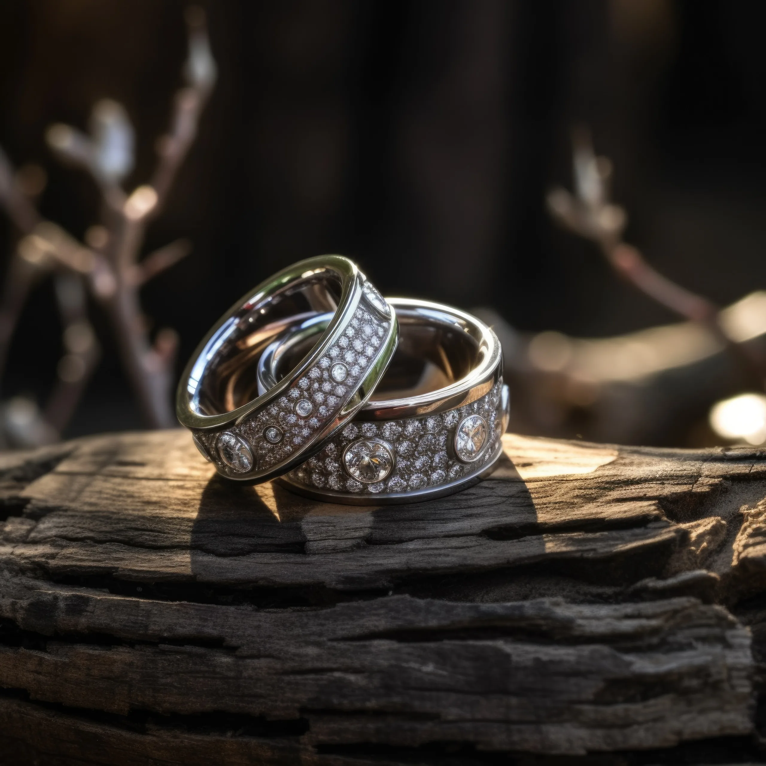Safe for the wedding rings: a couple of rings sitting on top of a piece of wood.