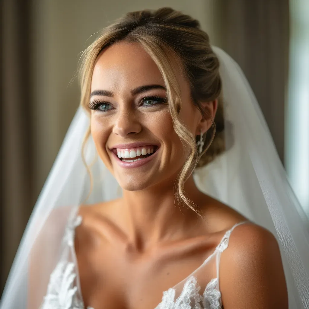 Seeing more than most: a woman in a wedding dress smiling at the camera.