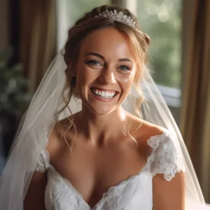 Manor house wedding Venue: a woman in a wedding dress smiling at the camera.