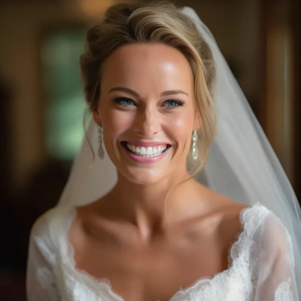 Loving the cameras: a woman in a wedding dress smiling at the camera.