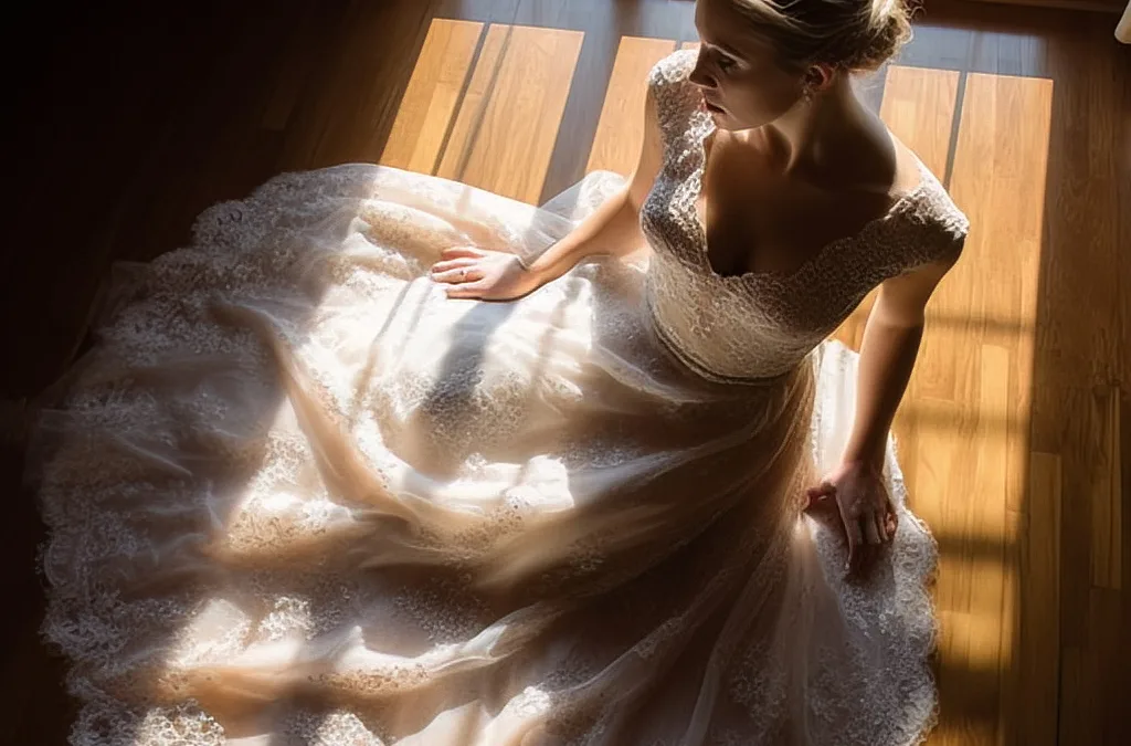 Clearwell castle: a woman in a wedding dress sitting on a wooden floor.