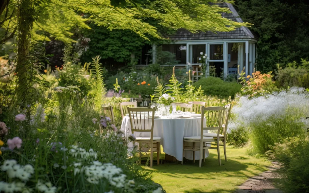 Court Farm Standerwick Somerset Bruton:a garden with a table and chairs in the middle of it.