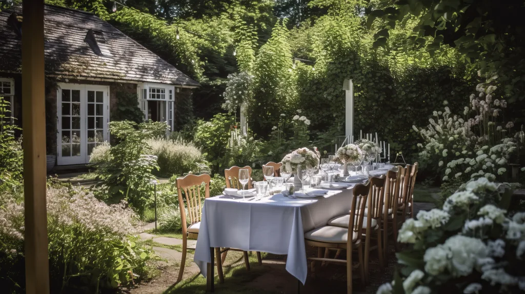 Mid-Wedding Weddings: Yarlington barn Weddings: a table set for a formal dinner in a garden. Seating Plan