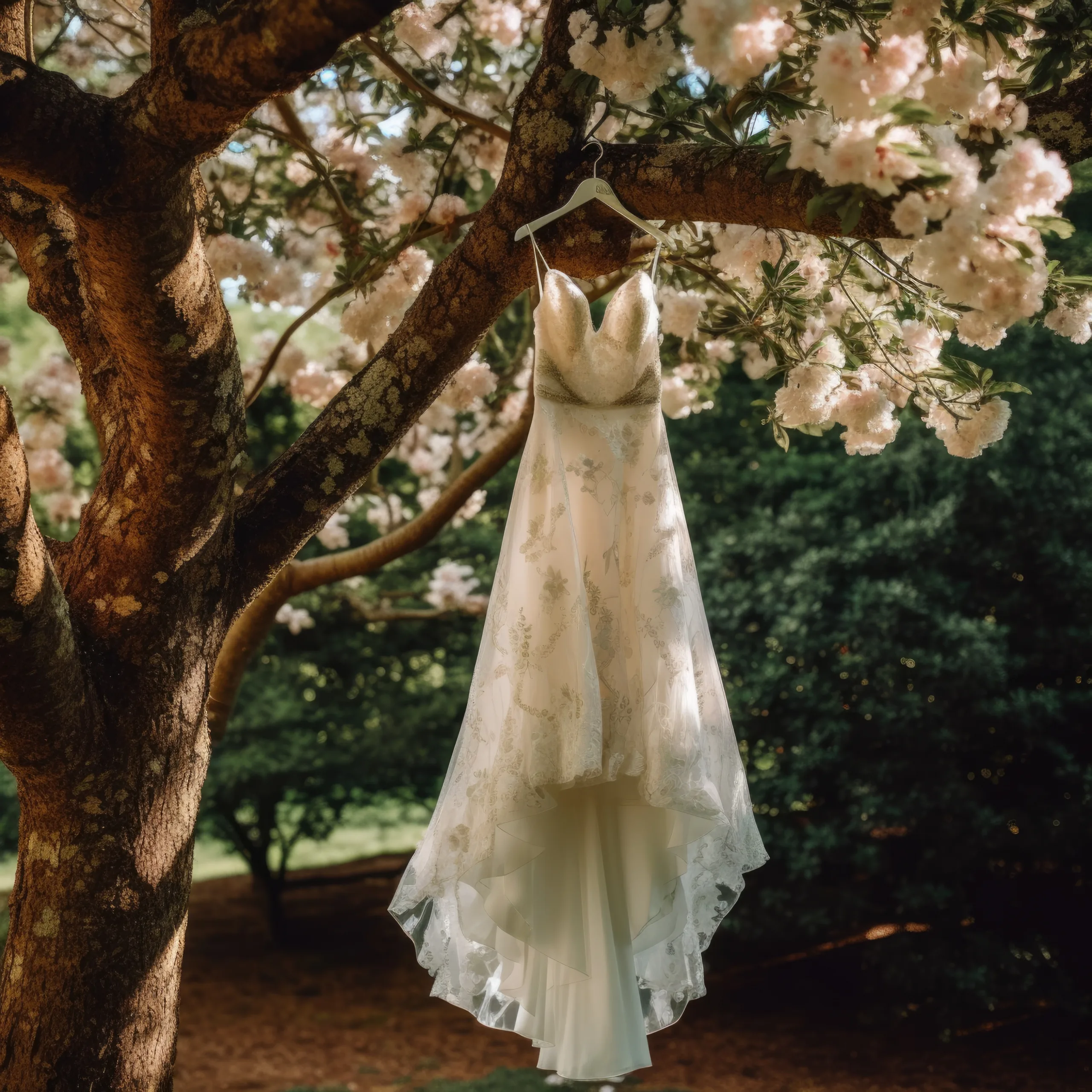 Italian Wedding Photographer: a dress hanging from a tree in a park.