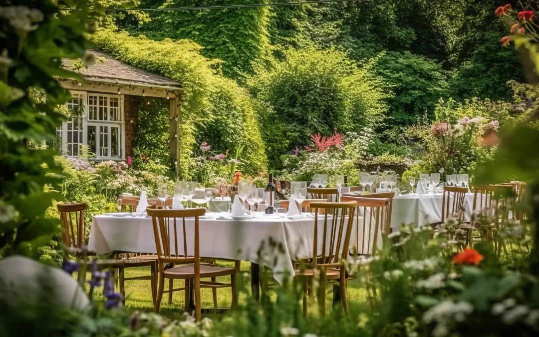 Wick farm: The Art of Photography: Ford Abbey:a table set up for a formal dinner in a garden.