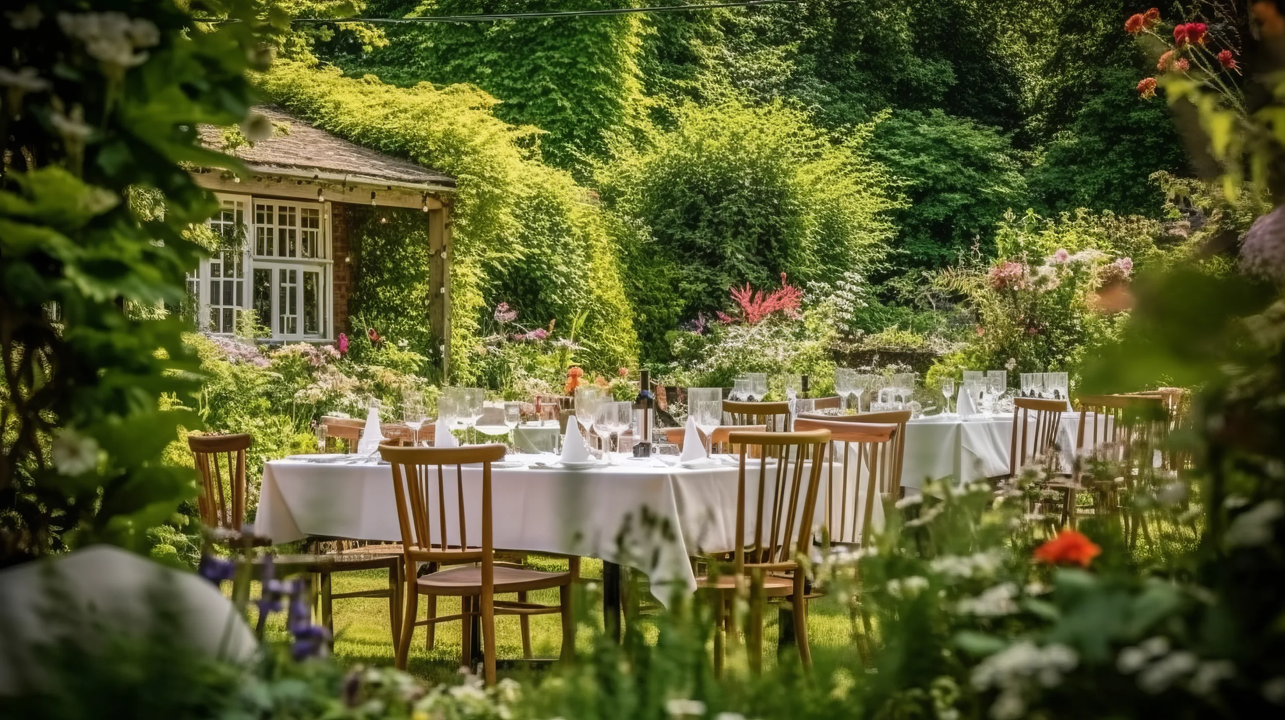 Wick farm: The Art of Photography: Ford Abbey:a table set up for a formal dinner in a garden.