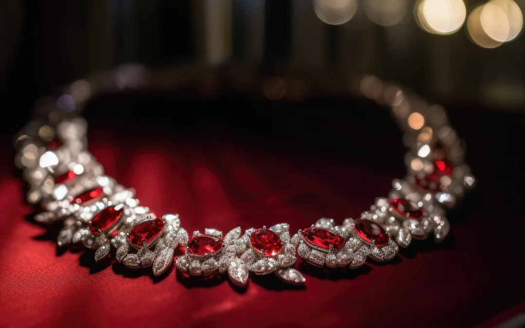 Jewellery:a close up of a diamond and ruby necklace.
