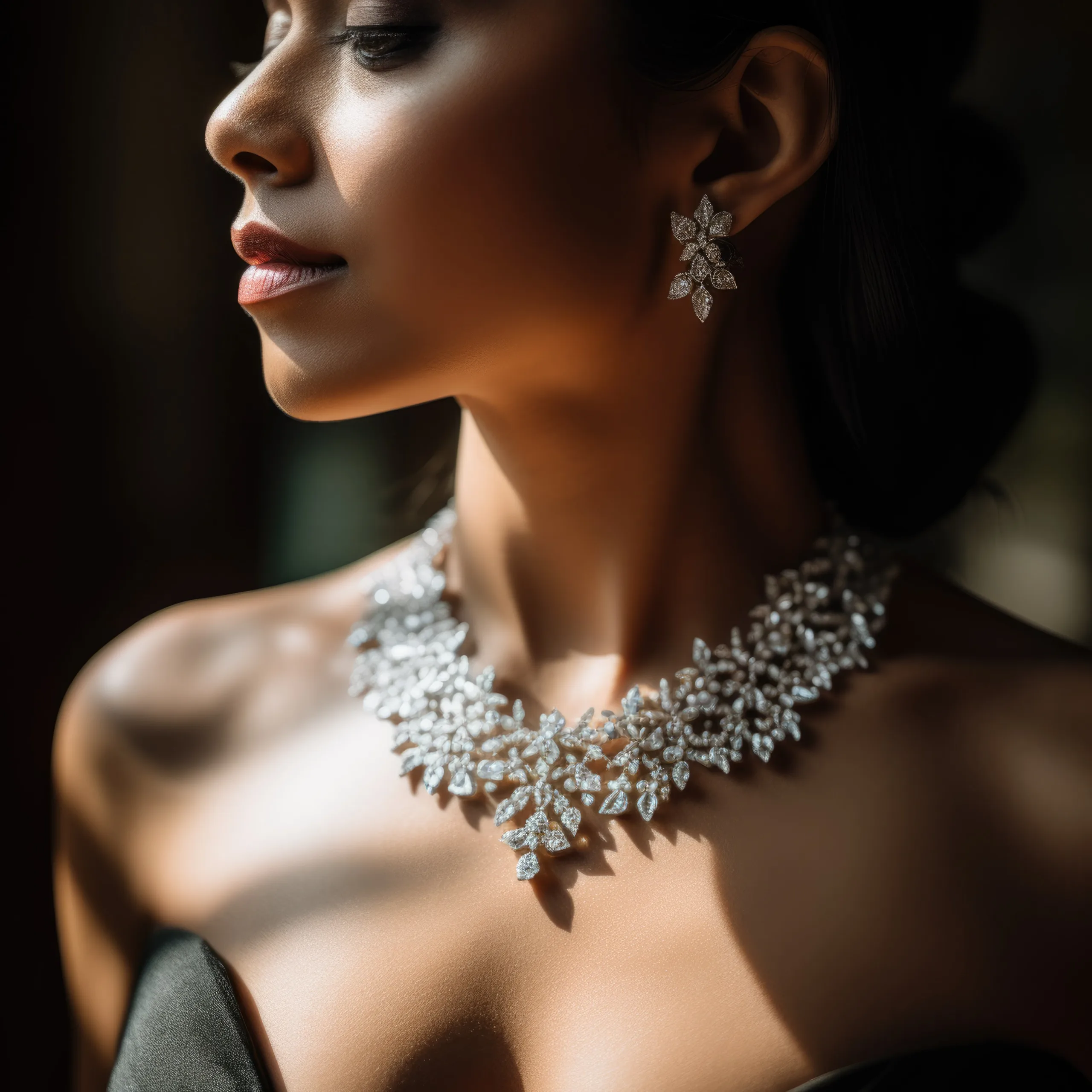 Wedding jewellery:a woman in a black dress wearing a necklace and earrings.