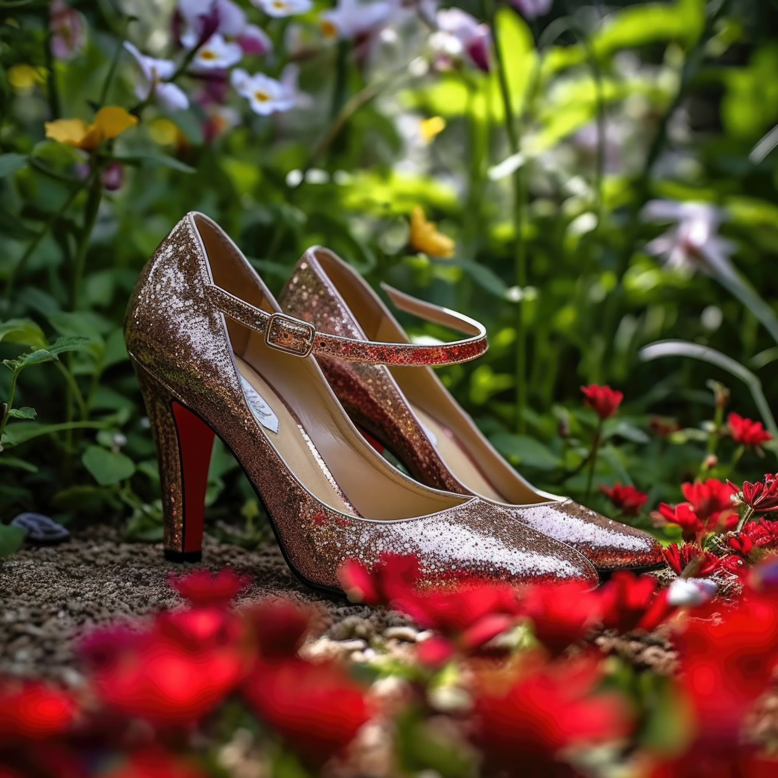 a pair of high heeled shoes in front of flowers at the Venue Orchardleigh House