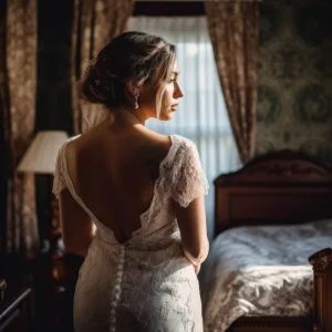 a woman in a wedding dress standing in front of a bed.