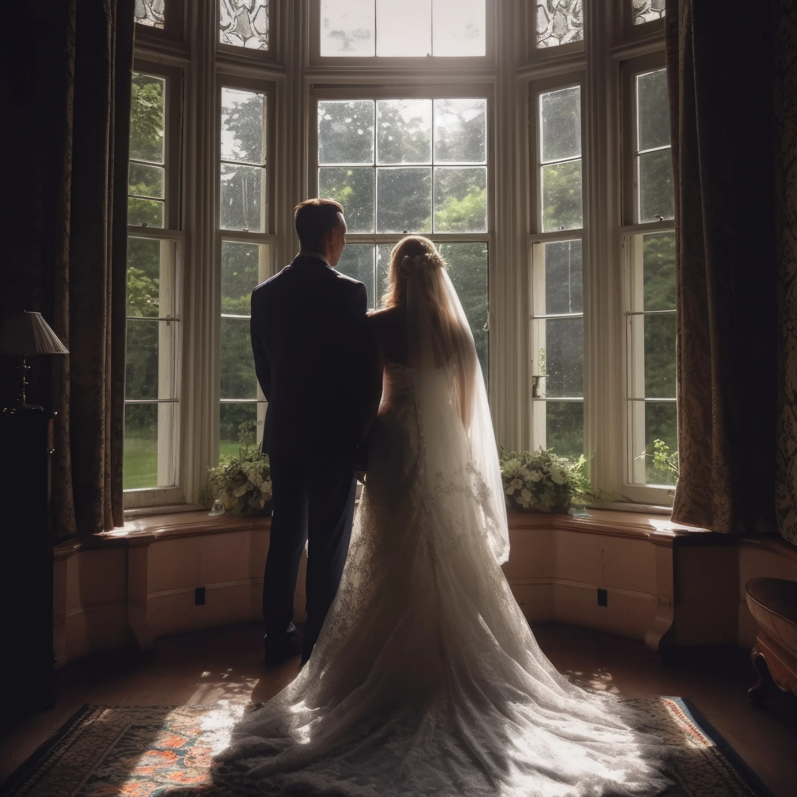 a bride and groom standing in front of a window at Orchardleigh House