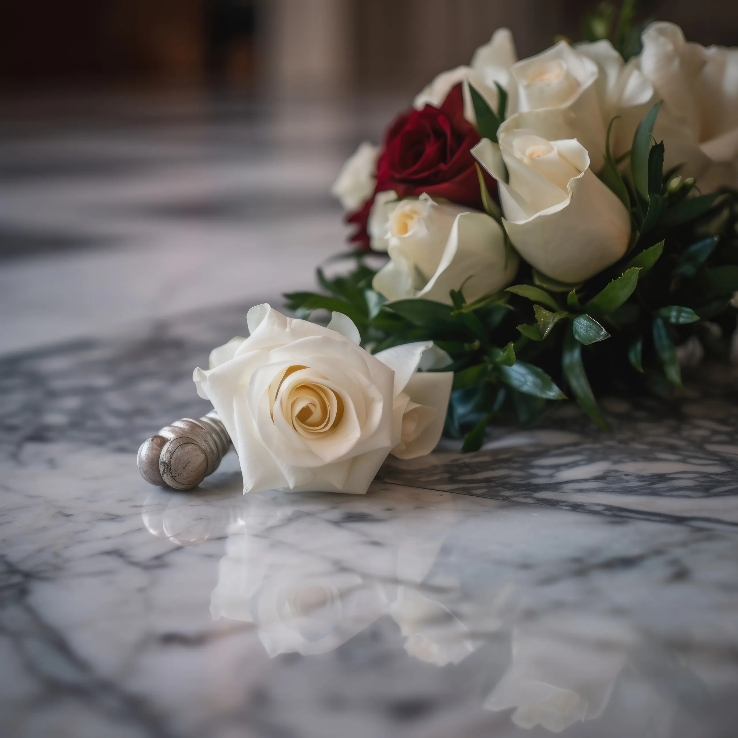 Village hall weddings: a bouquet of white and red roses on a marble table.