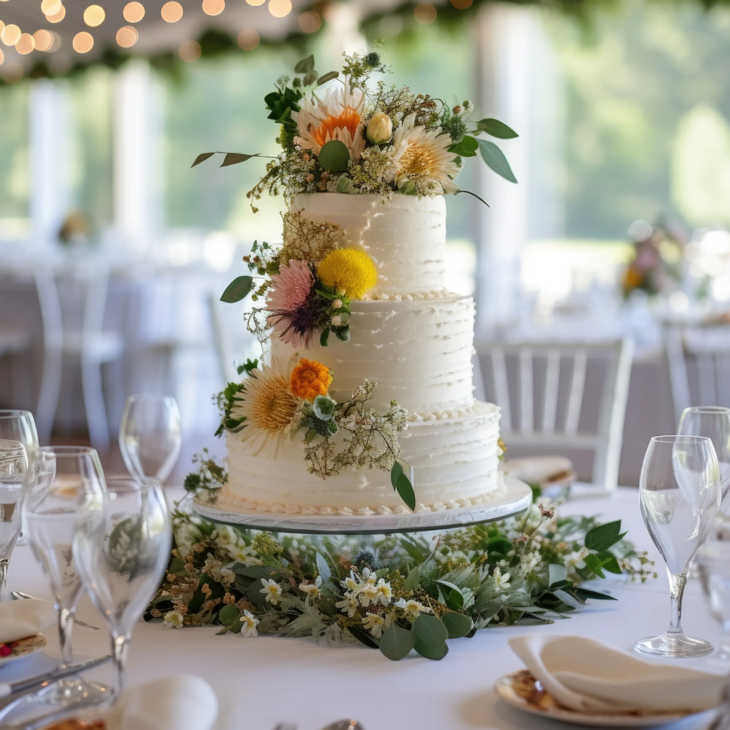 Italian Weddings: a wedding cake with flowers and greenery on a table.