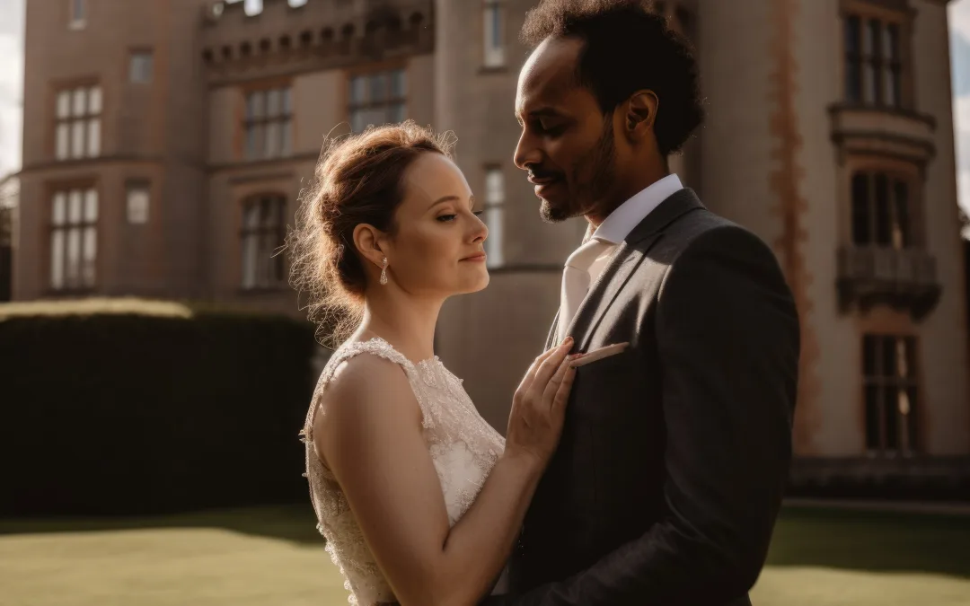 Castle Weddings: a bride and groom standing in front of a castle.