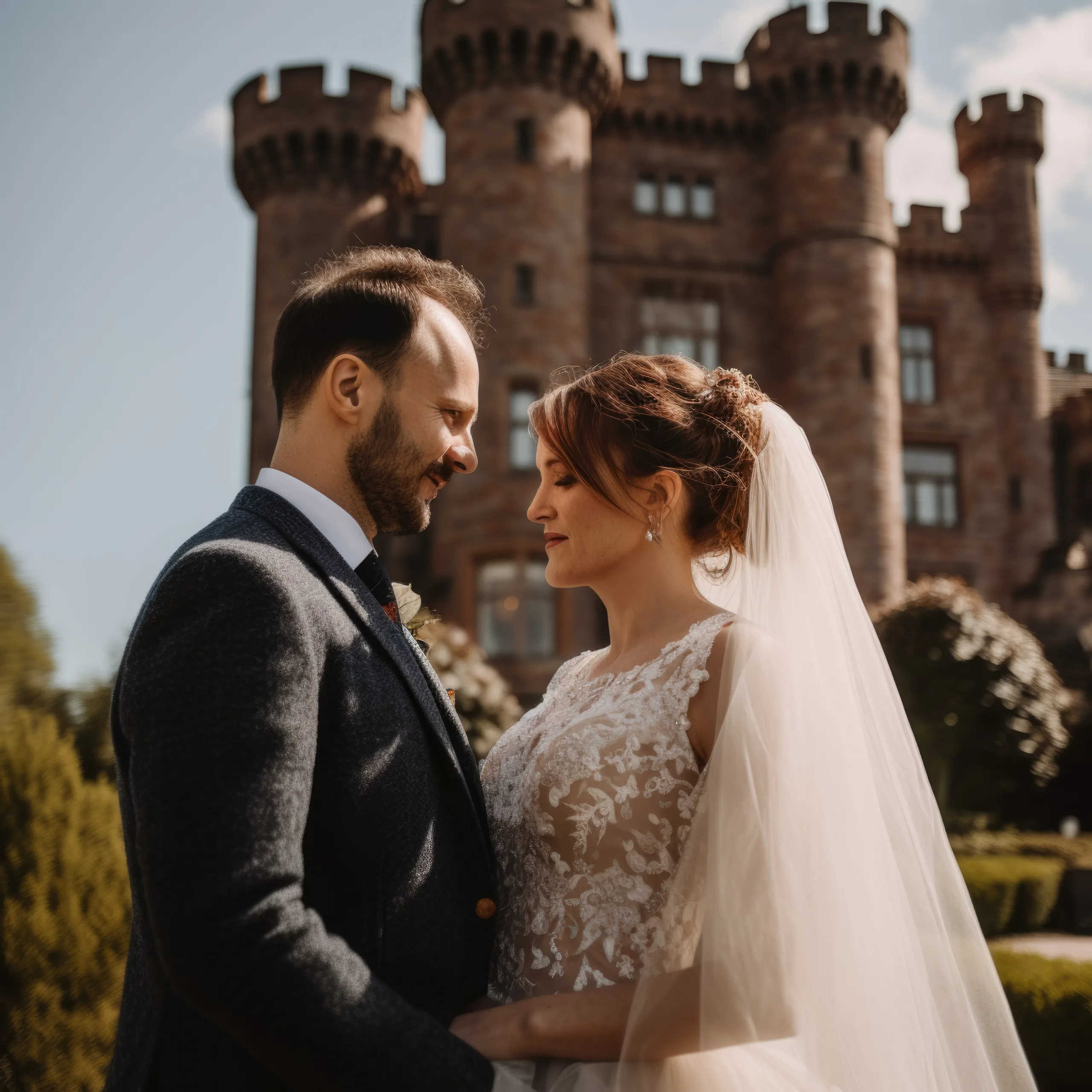 Castle Weddings: a bride and groom standing in front of a castle.