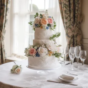 Cup Cakes or Wedding Cake: a wedding cake with flowers on a table.